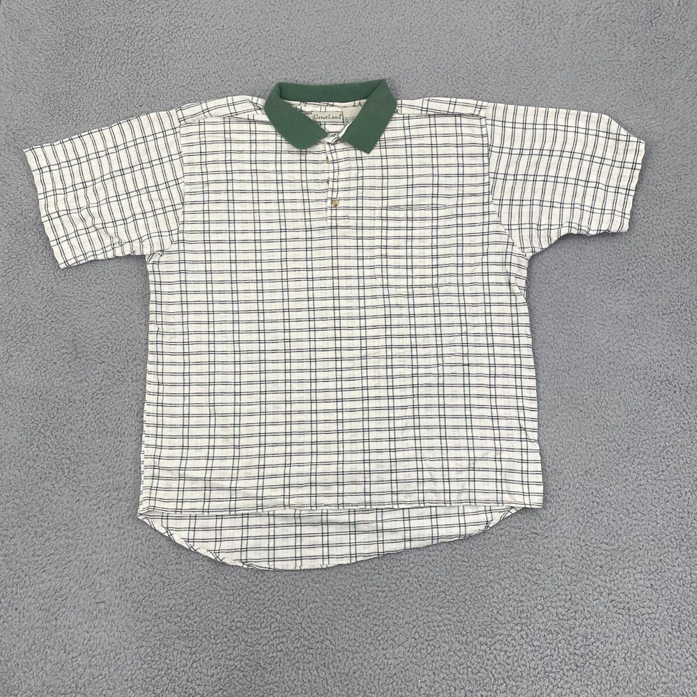 Vintage Greatland Polo Men XL Cream Green Plaid Short Sleeve Retro Preppy